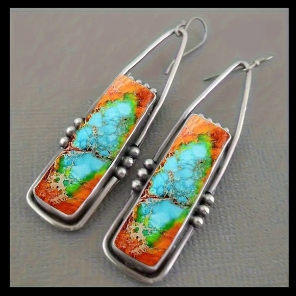 Bohemian Geometric Silver and Turquoise Color Earrings - Picture 1 of 4